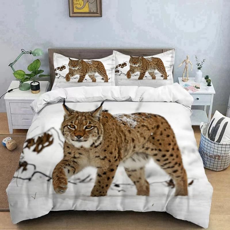 Housse de couette 140x200 microfibre lynx blanc parure de lit avec taies 65x65