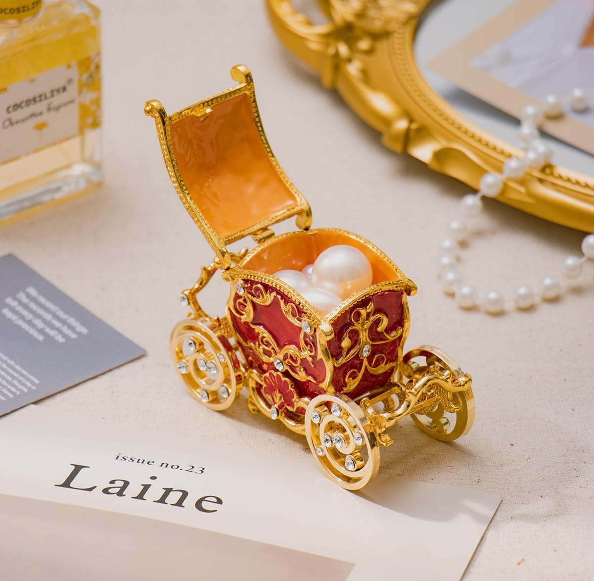 Retro Carriage Jewelry Trinket Box Enamel Ring Hold Boxes Hand-Painted Vintage Ornaments Craft Gift for Women Girls (Red)