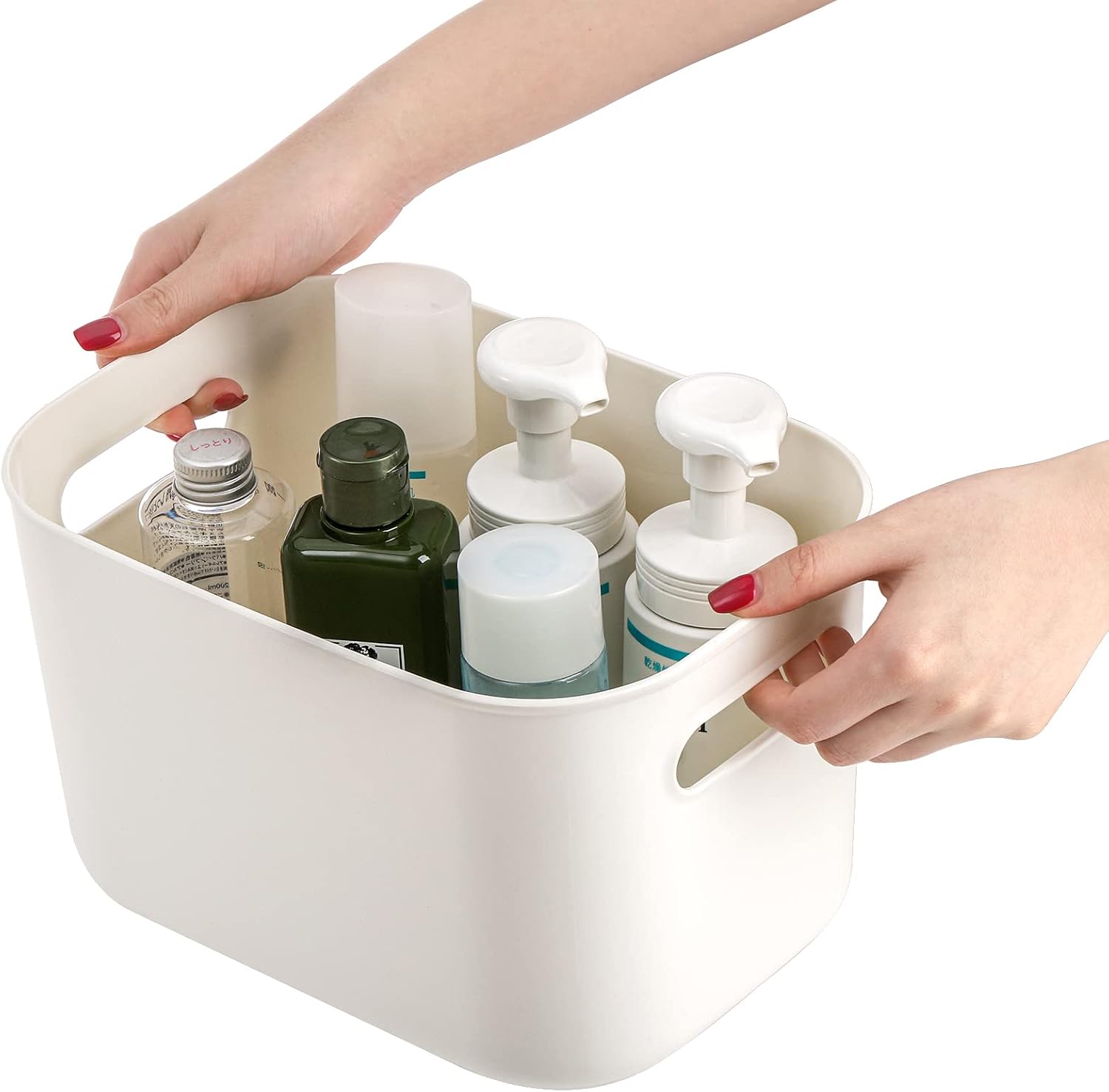 Yopay 6 Pack Plastic Storage Bin with Handle, White Bathroom Kitchen Organizer Bin for School, Office, Classroom, Hand Soaps, Shampoos, Lotion, Conditioners, Hand Towels, Cosmetic, Snacks, Seasoning