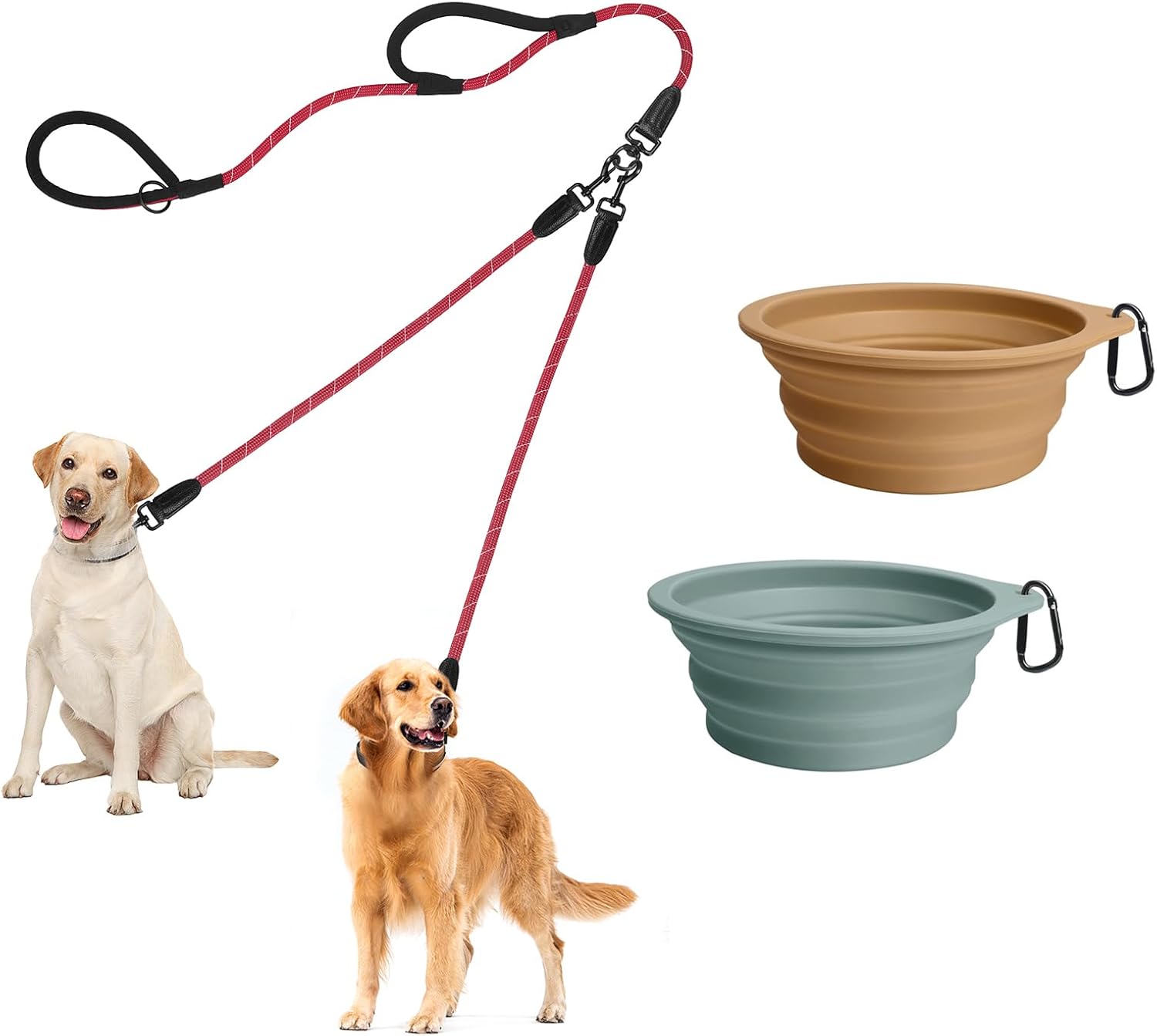 PetBonus Rope Double Dog Leash and 2-Pack Large Silicone Collapsible Dog Bowls