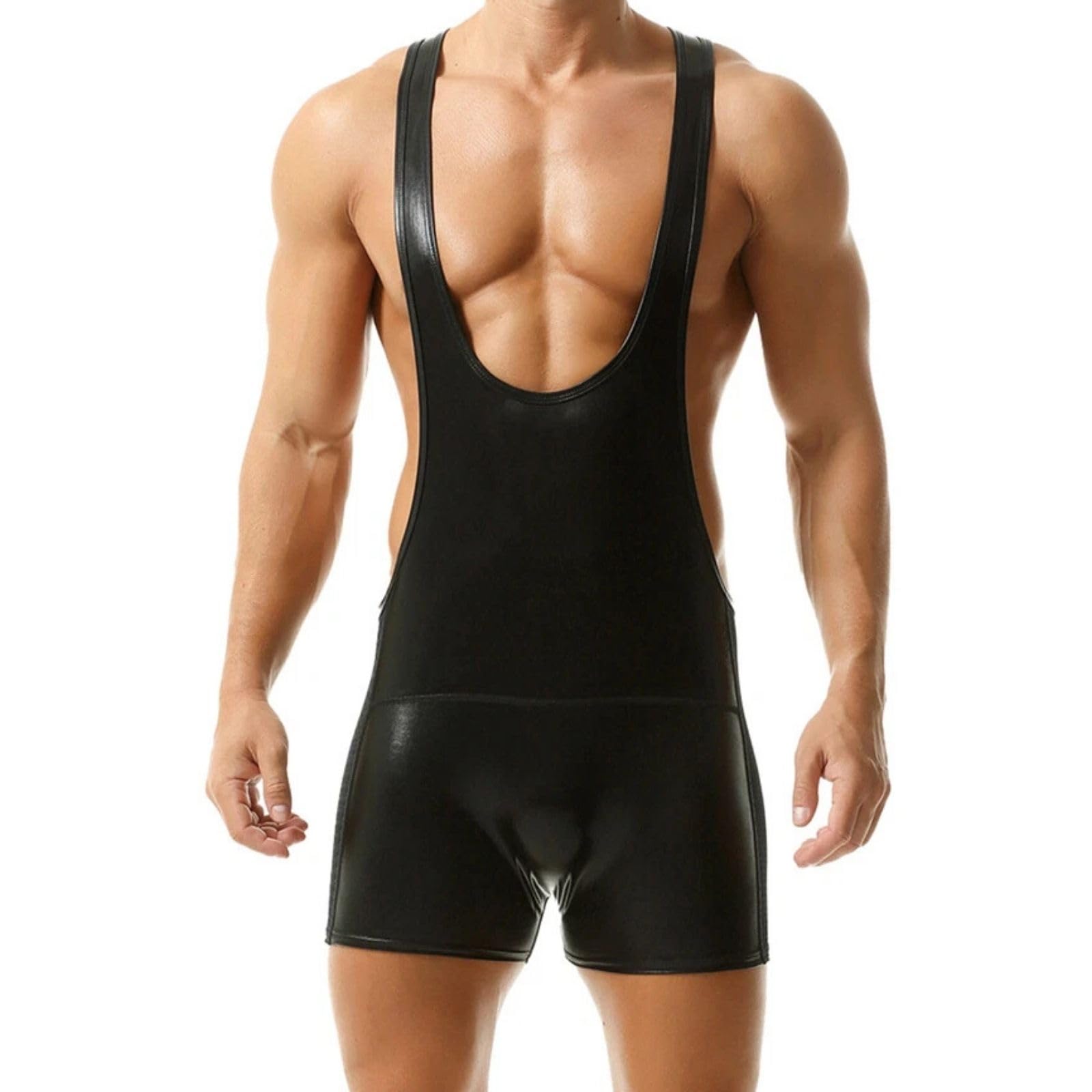 Men's Sexy Leather Wrestling Singlet Bodysuit Wetlook Jockstrap One-Piece