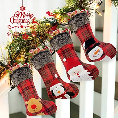 COOLWUFAN Christmas Stocking, 4 Pack 18'' Xmas Stockings wiht Snowflake Santa Snowman Reindeer and Plush Faux Fur Cuff Family Pack Stockings for Xmas Holiday Family Party Decorations