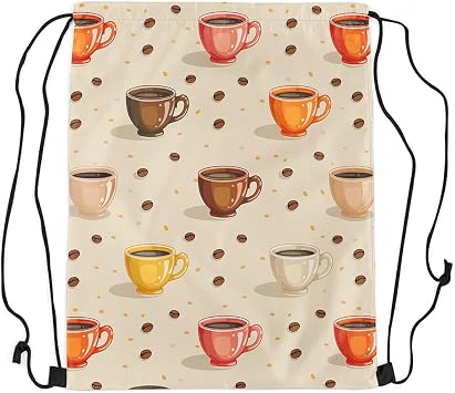 Castle Fairy Coffee Waterproof Drawstring Backpack,Cup Coffee Beans Drawstring Bag,Retro String Bag for Gym Shopping Sport Yoga