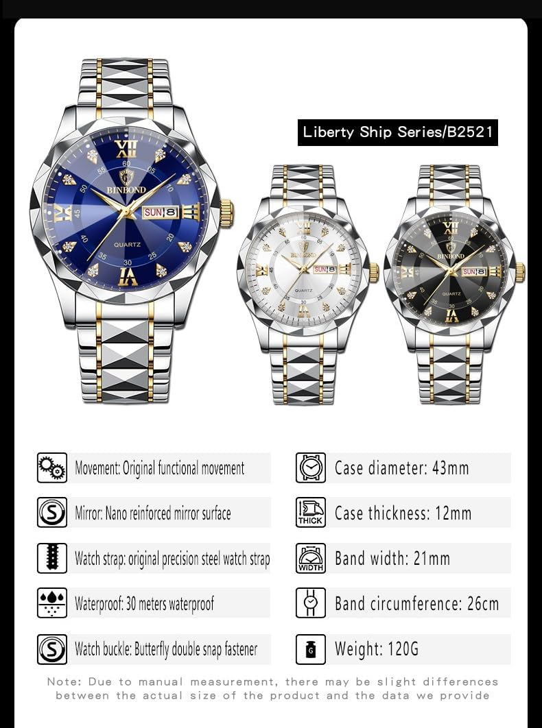 Men's Wrist Watches, Stainless Steel Watches for Men Week/Date Calendar Quartz Waterproof Watch for Men Business Dress Luminous Hands Men's Watch - Image 8