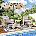 Pamapic 5 Pieces Outdoor Patio Wicker Chairs Set with Ottoman .Outside Conversation Furniture Set with Cushions and Coffee for Balcony Porch Lawn Garden Table (Purple Cushion + Grey Rattan)
