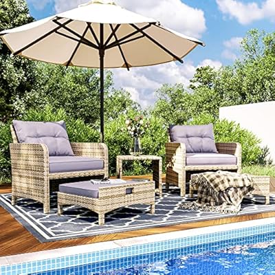 Pamapic 5 Pieces Outdoor Patio Wicker Chairs Set with Ottoman .Outside Conversation Furniture Set with Cushions and Coffee for Balcony Porch Lawn Garden Table (Purple Cushion + Grey Rattan)