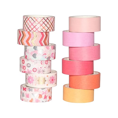 LUXIANDA Juego de 12 rollos de cinta washi color rojo, 0.57 pulgadas de ancho, color sólido y patrón decorativo de rayas rojas, decoración de cinta