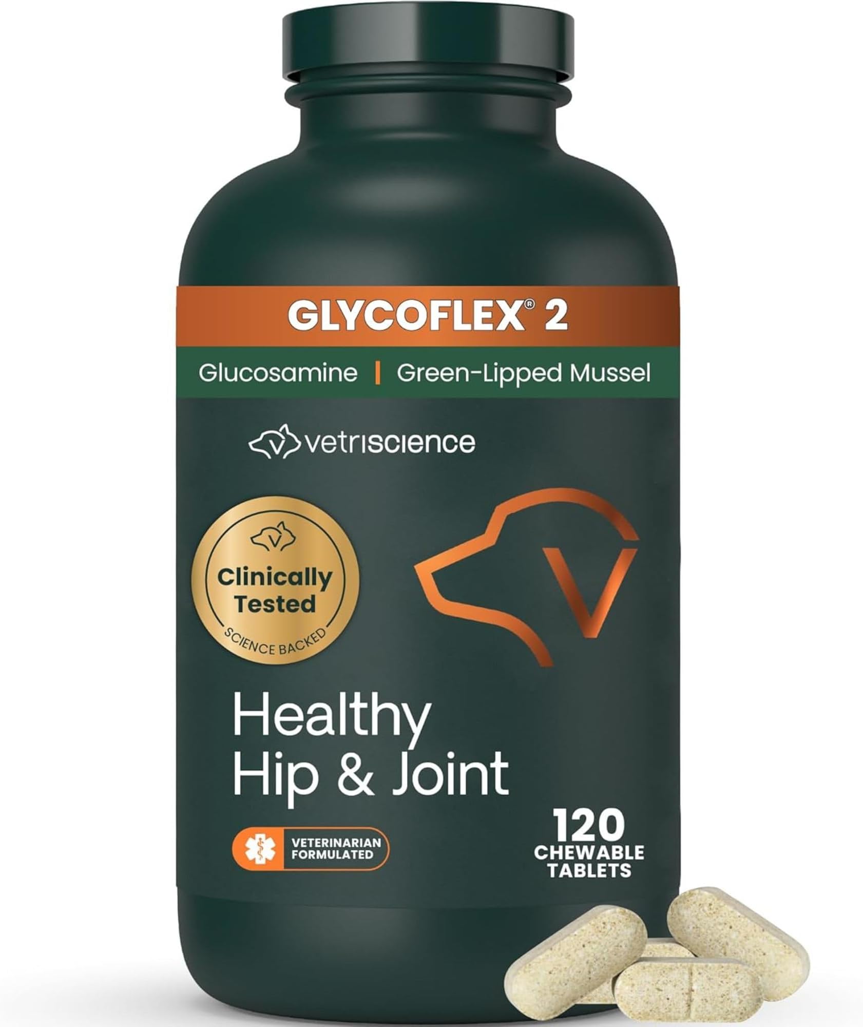 Healthy Hip & Joint Chewable Tablets, GlycoFlex Glucosamine and Green-Lipped Mussel Joint Support Supplement for Dogs, Promote Mobility and Protect Joints, Chicken, 120 Count