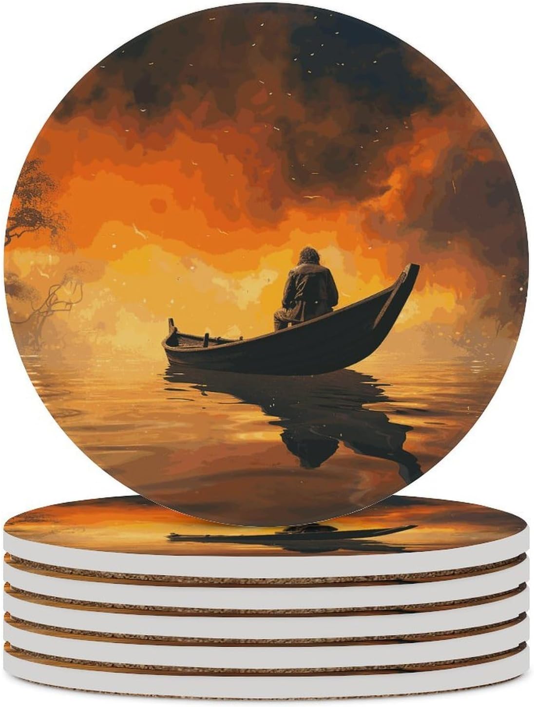 Man and Boat Coasters Round Coasters Set Ceramic Stone Coaster with Cork Base Coffee Cup Beverage Cup Mat Cute Funny Table Drinks Coaster for Mugs and Cups Office Kitchen