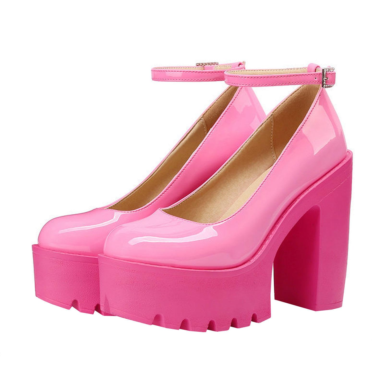 Tacco Alto Décolleté Plateau Tacco Blocco Donna Punta Rotonda Chiusa Cinturino alla Caviglia Scarpe Eleganti Festa 13cm