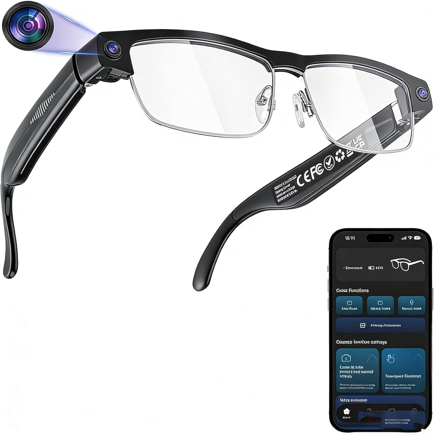 AI Smart Glasses mit 8MP HD Kamera, Smart Brille mit 1200P Video–Wechselbare Gläser, KI Brillen mit Bluetooth 5.4, 3000mAh, Live-Übersetzung, Objekterkennung für Reisen, Büro und Radfahren
