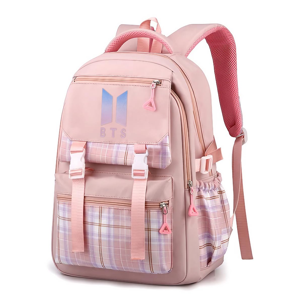 BTS Backpack for School Girls 6-12 Years, Fashion Checked Print, Large Multi-Layer Book Bag, Travel Backpack for Teens, School Gift, Pink-image-1