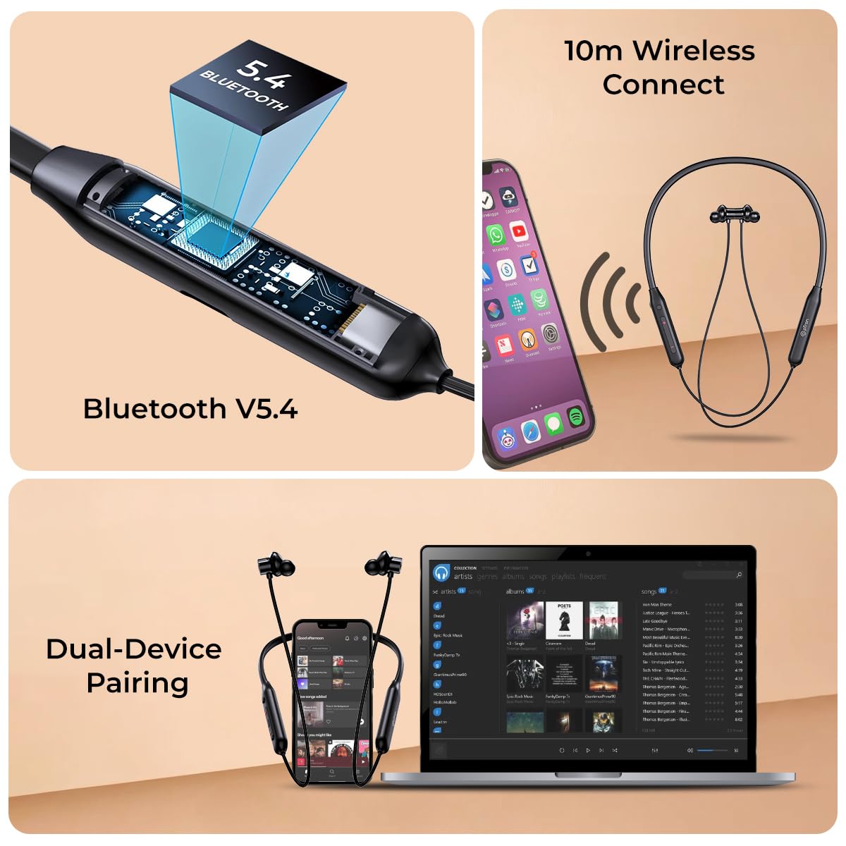 pTron Tangent Rush w/ 50Hrs Playtime, Pristine Sound, Dual-Device Pairing, Bluetooth 5.4 Wireless in-Ear Earphones with Mic, Voice Assistant, Type-C Fast Charging & IPX5 Water Resistant (Jet Black) 3