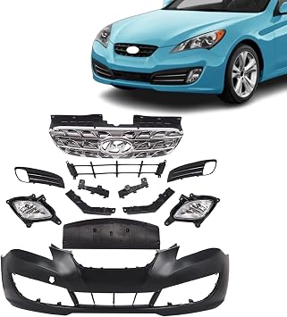 Front Bumper Cover Fascia Grille Compatible with Hyundai Genesis Coupe 2010 2011 2012 Upper Lower Grill W/Chrome, Engine Splash Shield, Bumper Bracket, Fog Light W/Cover HY1000180