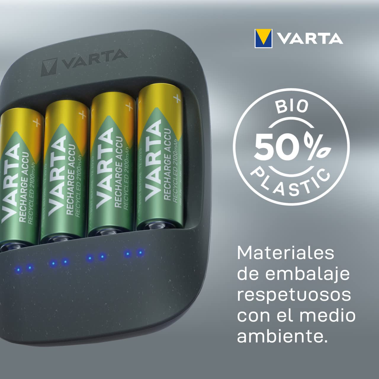 VARTA Cargador de Pilas, incl. 4X AAA 800mAh, cargador para pilas AA/AAA recargables, Eco Charger, carga a ranura única, fabricado con un 50% de material bioplástico