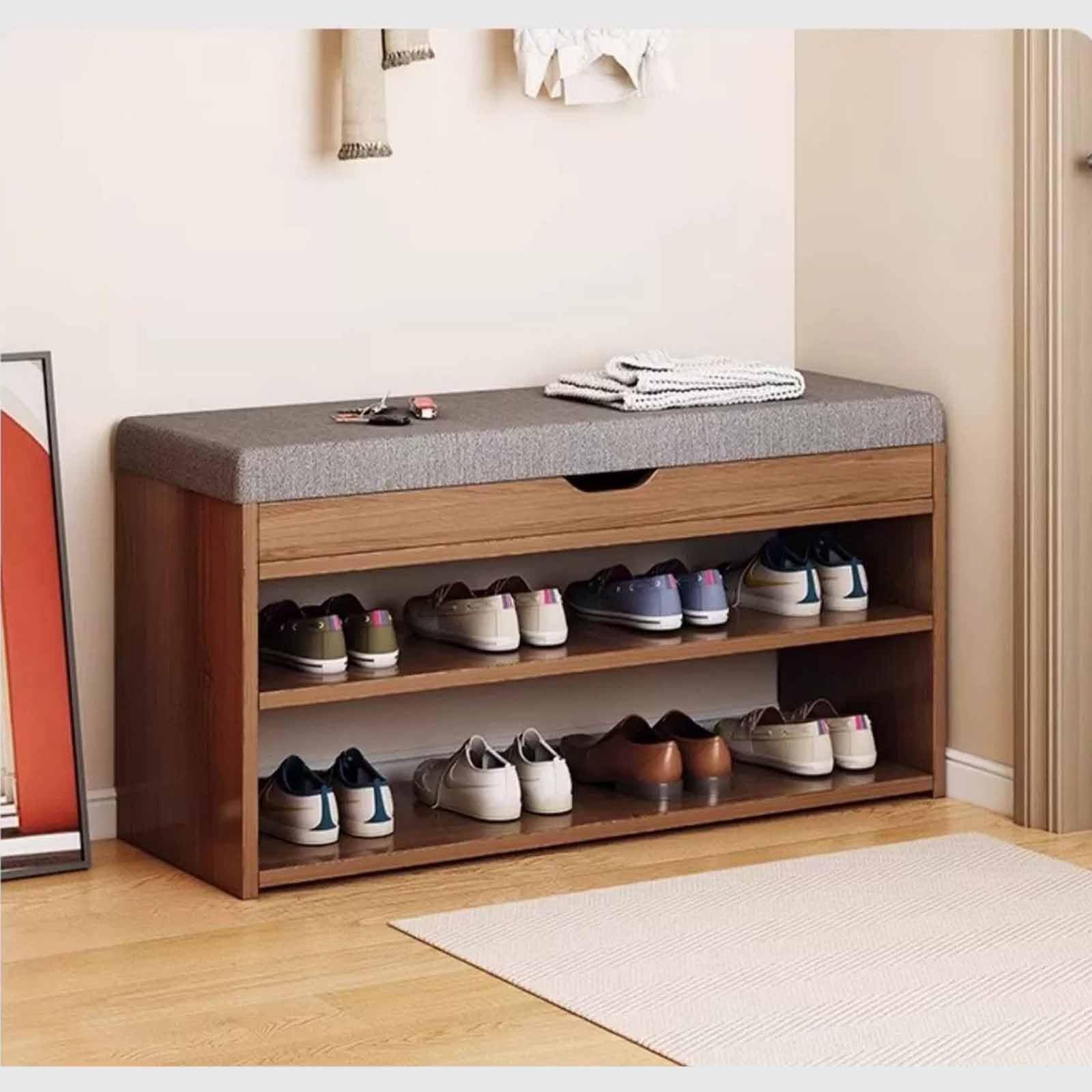 2-Tier Storage Bench, Wooden Shoe Bench With Cushion – Entryway Shoe Cabinet & Organizer With Hidden Compartment, 80x30x43cm