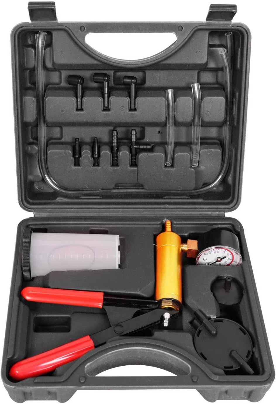 Big RED Torin 16 Piece 2 in 1 Brake Bleeder Kit Hand Held Fluid Vacuum Gauge Pump Test Set with Storage Case, Black, ATRHS-A1998AR