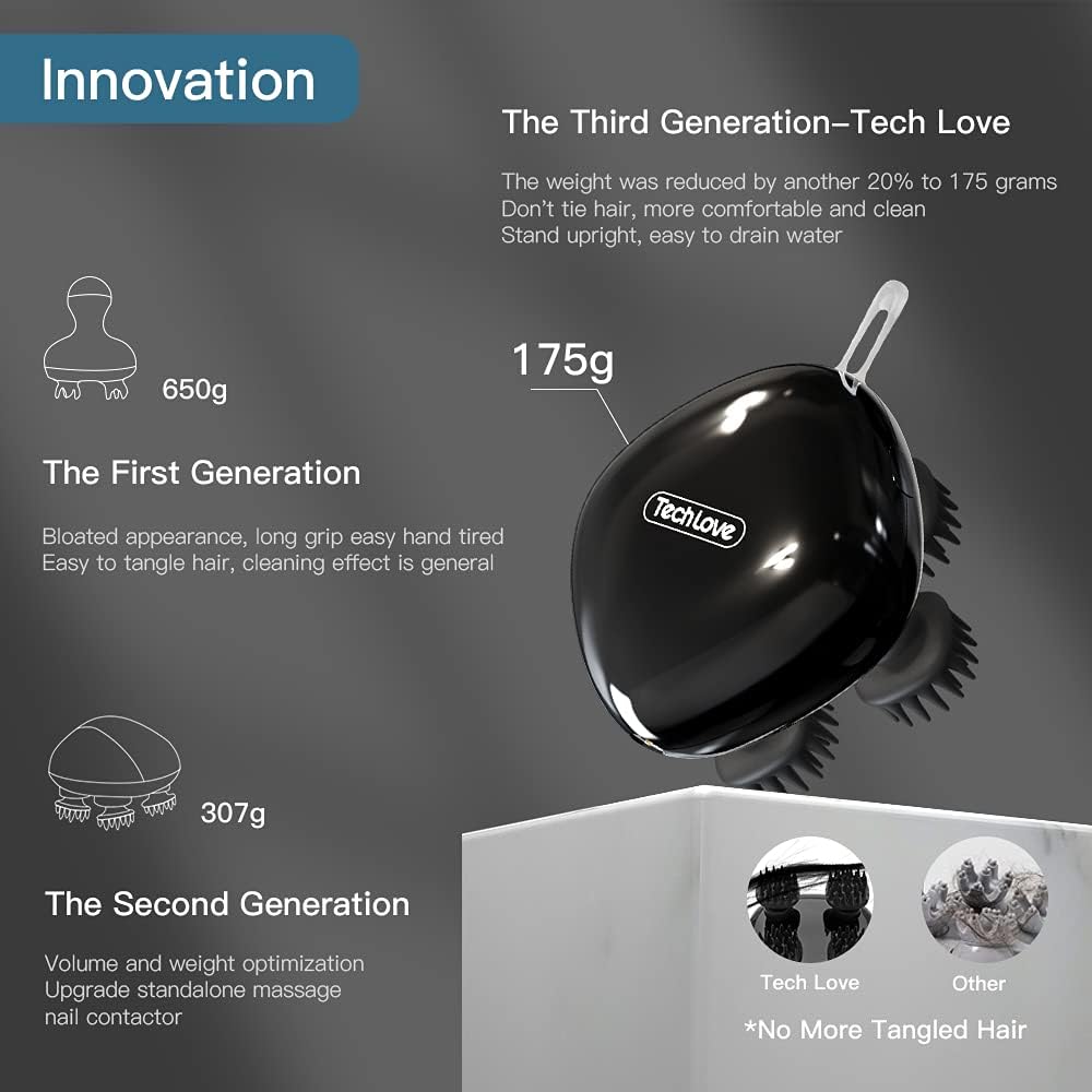 Tech Love Electric Scalp Massager with 8 Replacement Massage Heads & 100 Nodes, Portable Head Massager for Stress Relief, Deep Cleaning, Full Body Massage, Powered Facial Cleansing & Massage Brushes : Health & Household