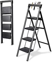 OSATA Folding Step Ladder with Handrail for Indoor/Outdoor Use, Weight Capacity 150KG, Compact, Space Saving, Non-Slip (Black, 4 Steps)