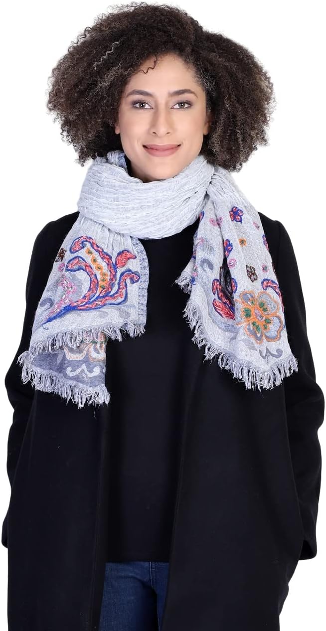 Vismaya Half embroidery Half Printed wrap for Women & Girls | 60% Cotton 35% Wool 5% Lycra