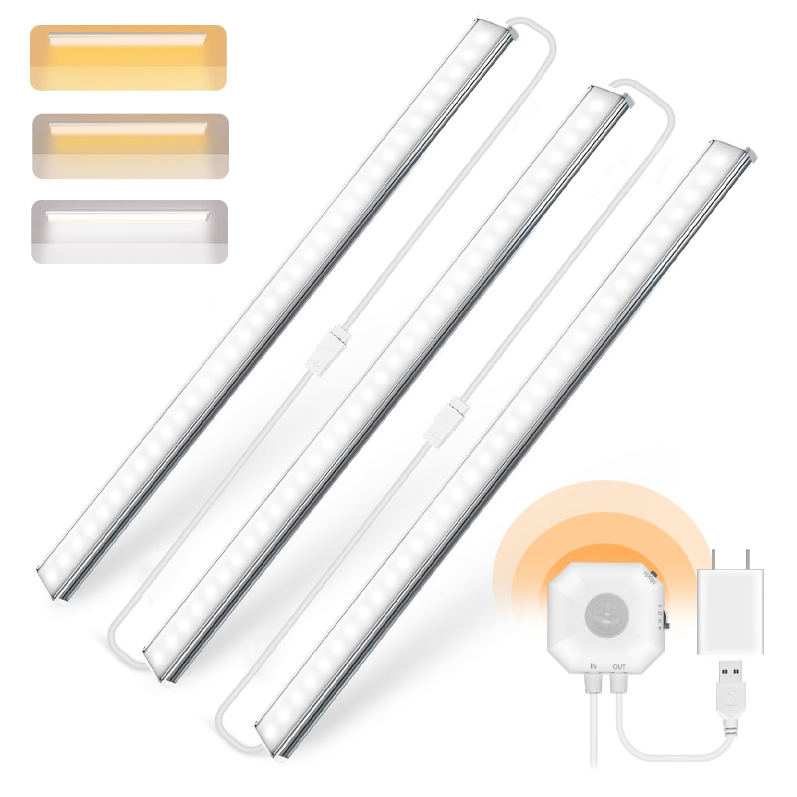 Daymeet Under Cabinet Lights Motion Sensor, 12 Inch Under Cabinet Lighting Ultra Thin, Bright 3 Color Adjustable Cabinet Lights, Plug in Led Lights for Cabinet, Counter, Closet?Home(3 Pack)