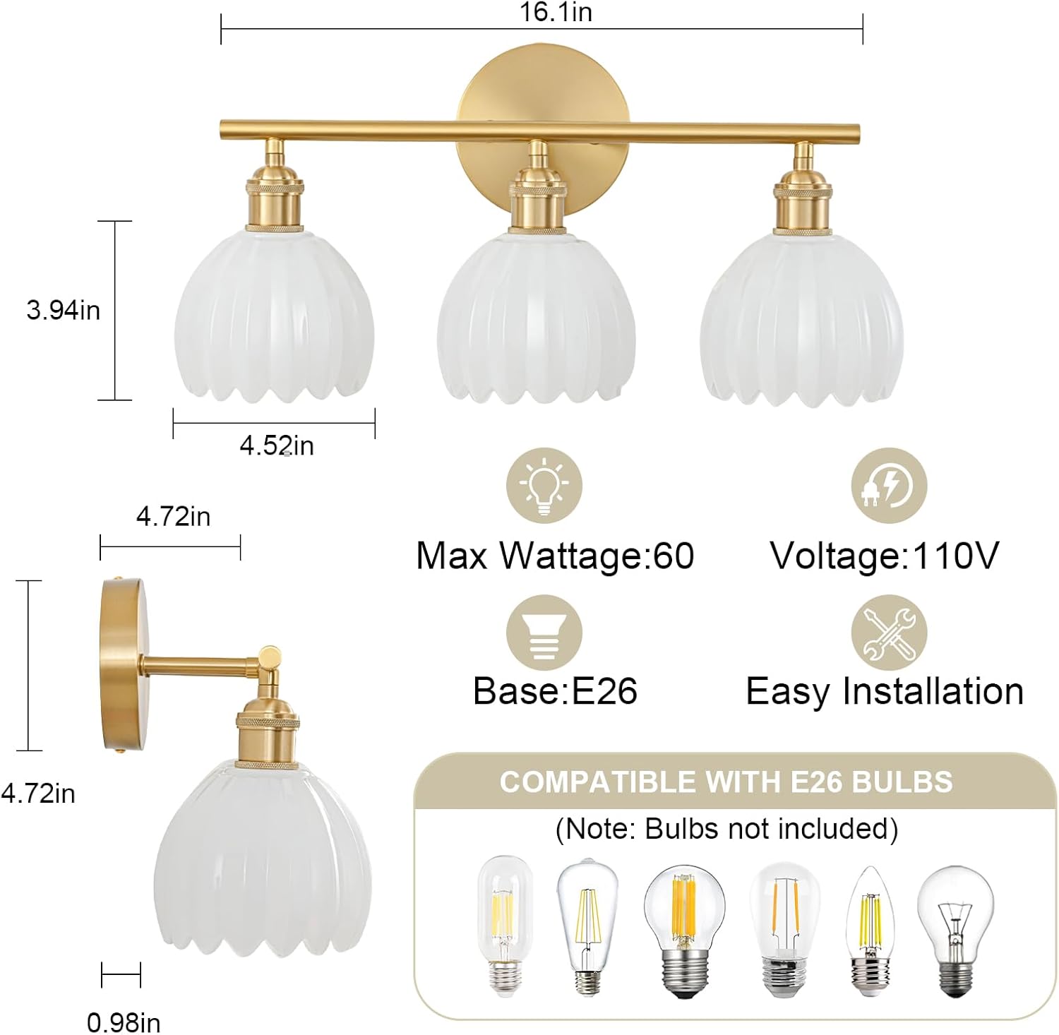 Gold Bathroom Light Fixtures Over Mirror, 3 Light Bathroom Vanity Light Fixture with Tulip Milk White Glass Lampshade, Vintage Vanity Lights for Bathroom, Bathroom Vanity Lights Over Mirror