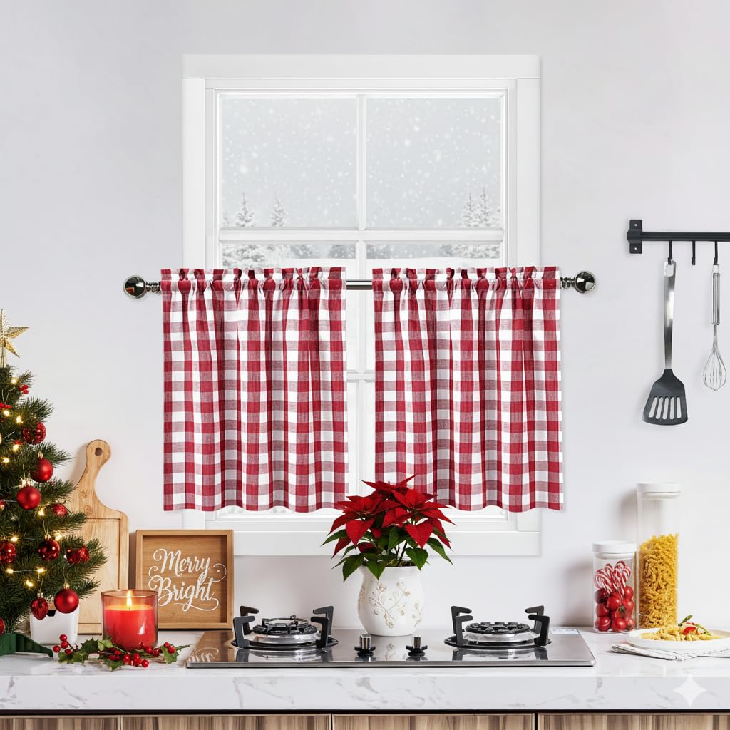 Bapawfish Christmas Red White Buffalo Plaid Tier Kitchen Curtains 30 Inch