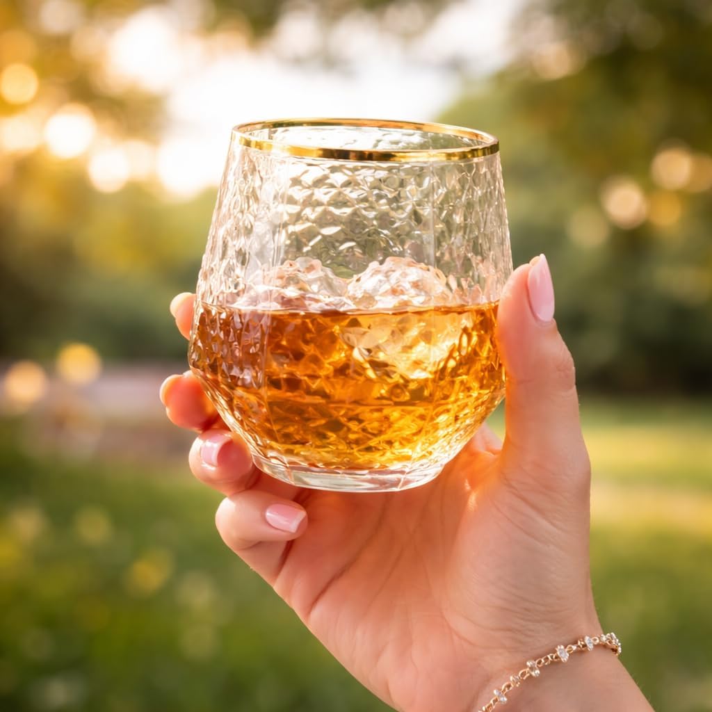 Oojami 40 count Diamond 12 Ounce Cups Unbreakable Stemless Plastic Wine Champagne Whiskey Glasses Elegant Durable Disposable Indoor Outdoor Ideal for Home, Office, Bars, Wedding, (Hammered Gold Rim)