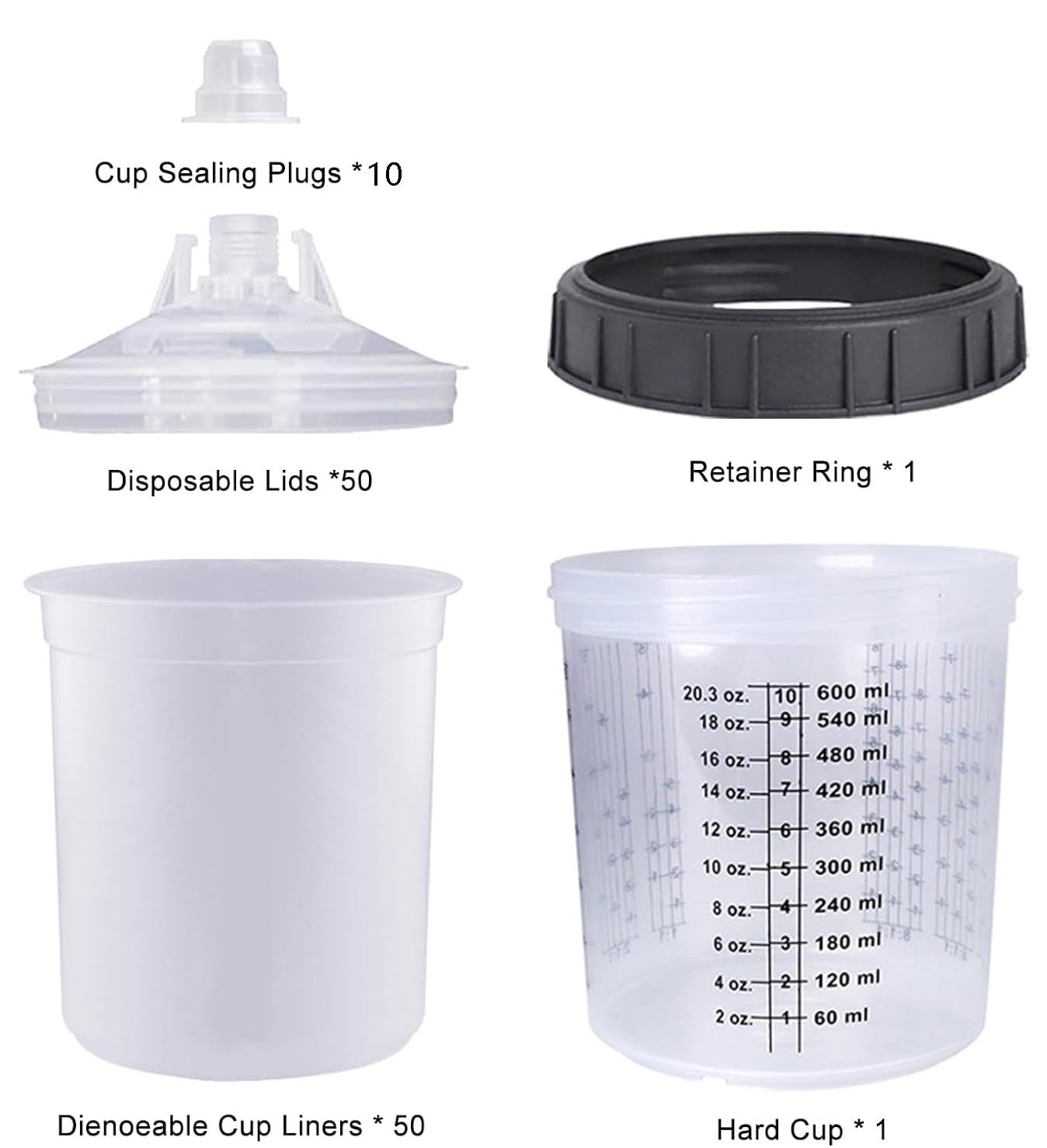 Misurino Graduato per Pistola Vernice, Coppa Miscelatrice Monouso per Sistema di Verniciatura HVLP, Kit usa e Getta per Pistola a Spruzzo, 50 Coperchi e Tazze 600 ml, 1 Tazza Rigida