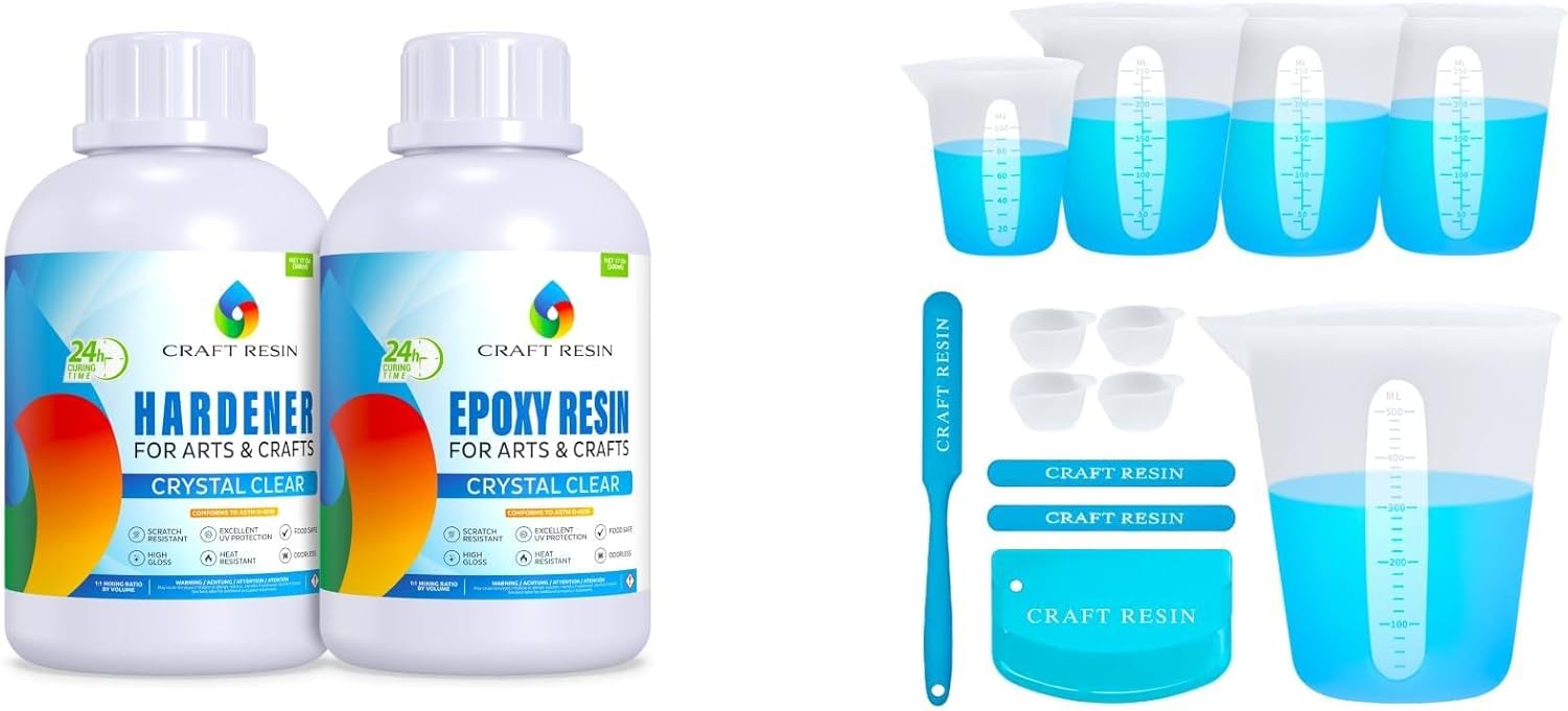 CRAFT RESIN 34Oz Epoxy Resin Kit & CRAFT RESIN Silicone Measuring Cups for Epoxy Resin 500ml, 250ml, 100ml, 15ml Silicone Mixing Bowl