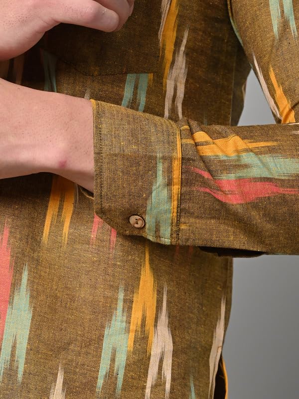 Image of Vastraa Fusion Men's Handloom Weaving Pure Cotton Short Kurta, Round Collar, Full Sleeves,Button Kurta, Ethnic Wear
