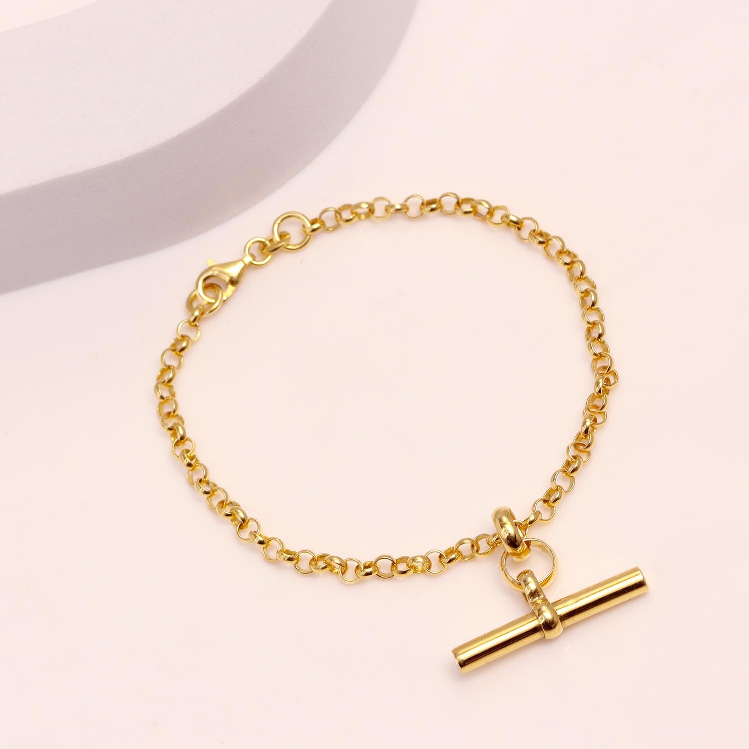 LeCalla 925 Sterling Silver Belcher Bracelet with T-Bar | 14K Gold-Plated T-Bar Charm Rolo Chain Bracelet | Women's Round Link Bracelet 7.5 Inches