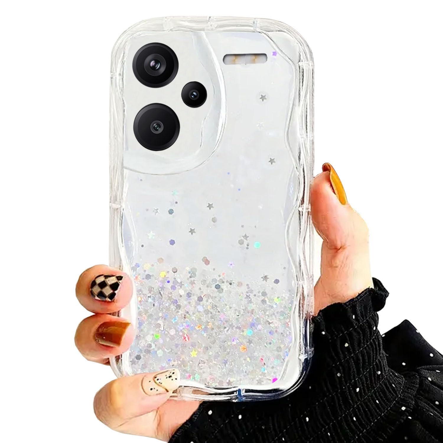 KC Back Cover for Mi Redmi Note 13 Pro Plus 5G, Dry Fixed Non Moving Glitter Curly Wave Shape Shockproof Bumper Soft Silicone Case with Camera Protection (Transparent) (B0D1MRTMGL) Amazon Price History, Amazon Price Tracker