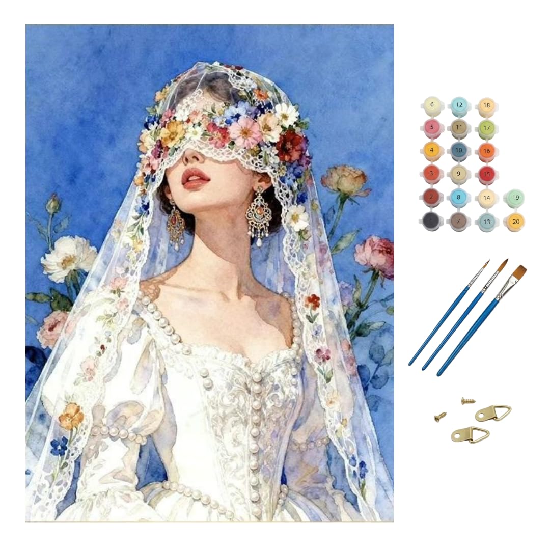 luxeeva® paint by numbers for adults and kids | 16x20 inch diy art therapy canvas featuring a girl with floral veil design | pre-framed canvas & acrylic colors for stress relief creative hobby for home décor & gifting