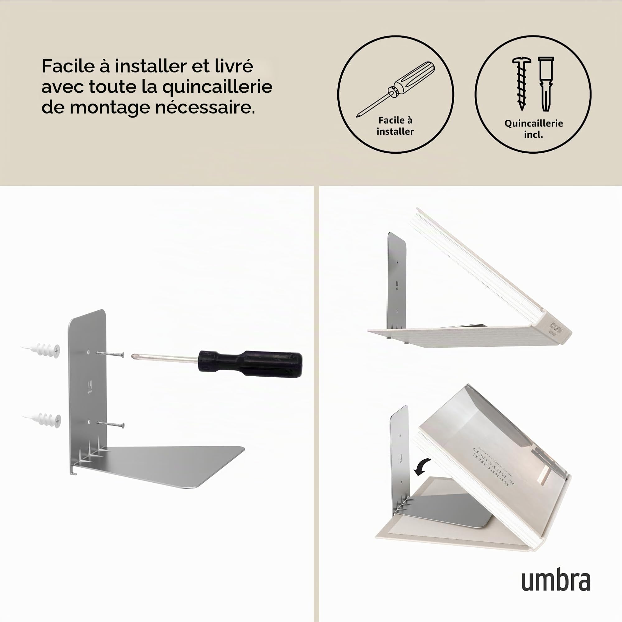 Umbra Conceal Shelf x3 Small. Lot de 3 Petites Etagères Invisibles Conceal, en métal argenté. Entièrement Invisibles Une Fois chargées de Livres. Dimension de Chaque étagère 14x13.3x13.3cm