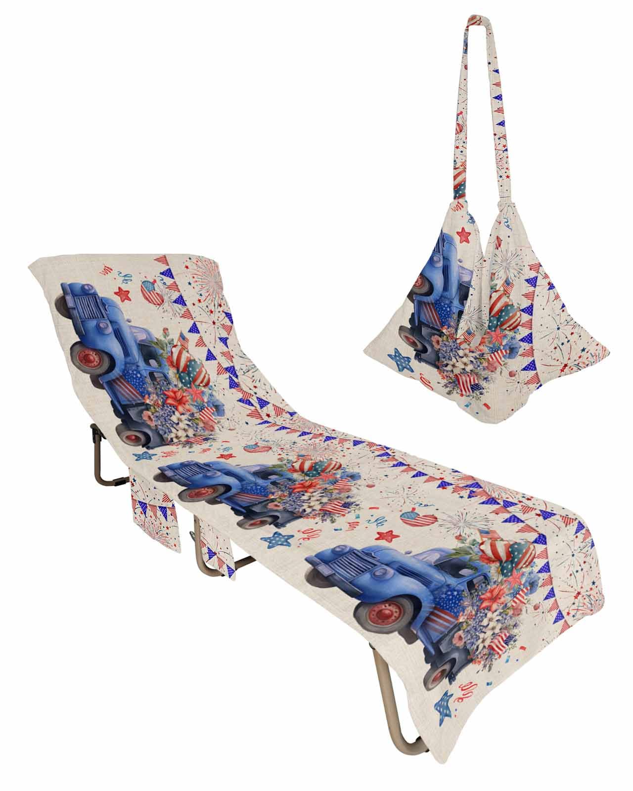 4th of July Beach Lounge Chair Towel Cover, Soft Chaise Lounge Towel with Side Pockets Patio Pool Chairs Cover for Beach/Pool Sunbathing 29x85 Blue Truck Star Independence Day Rustic