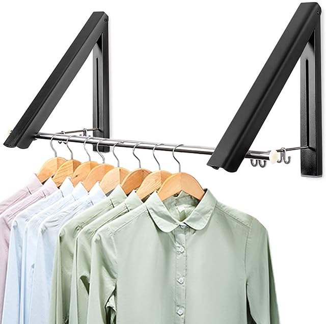LIVEHITOP Wall Mounted Clothes Rail with Rod, Foldable Coat Hanger Racks Dryer Aluminum Hanging Wardrobe Hooks for Bedroom Bathroom Balcony (Black +Rod)
