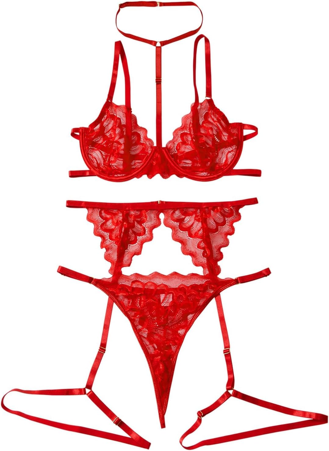 Sexy Choker Scallop Underwire Floral Lace Sheer Garter Belt Lingerie Set 3 Piece