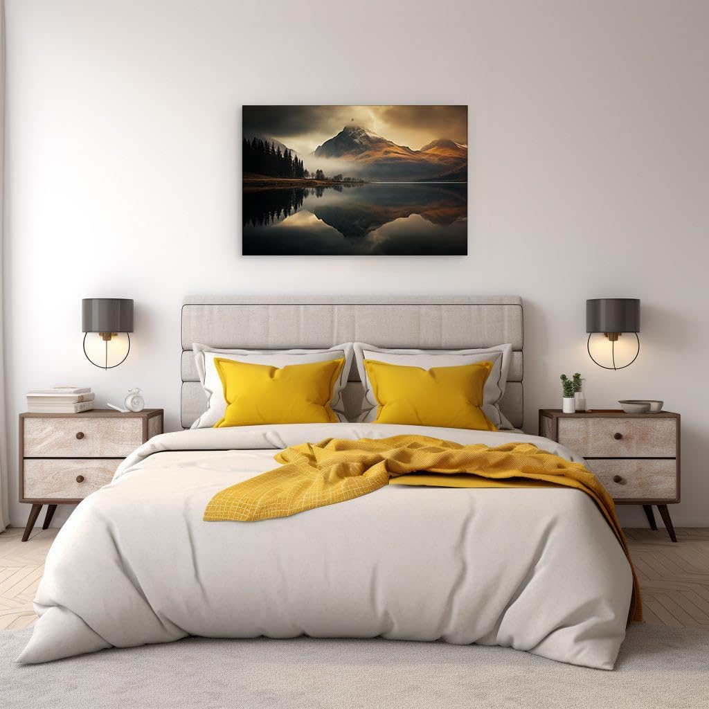 Canvas for Living room. Reflective Haven: A Perfect Harmony of Nature's Serenity and Majestic Mountains, 27 x 18 inch Canvas Wall Art - Contemporary Masterpieces - Modern Home Decor