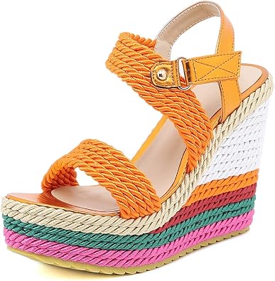 Tscoyuki Womens Braided Silk Ribbon Wedges Sandals, Platform Open Toe Buckle Ankle Strap Summer High Wedge Heels Shoes