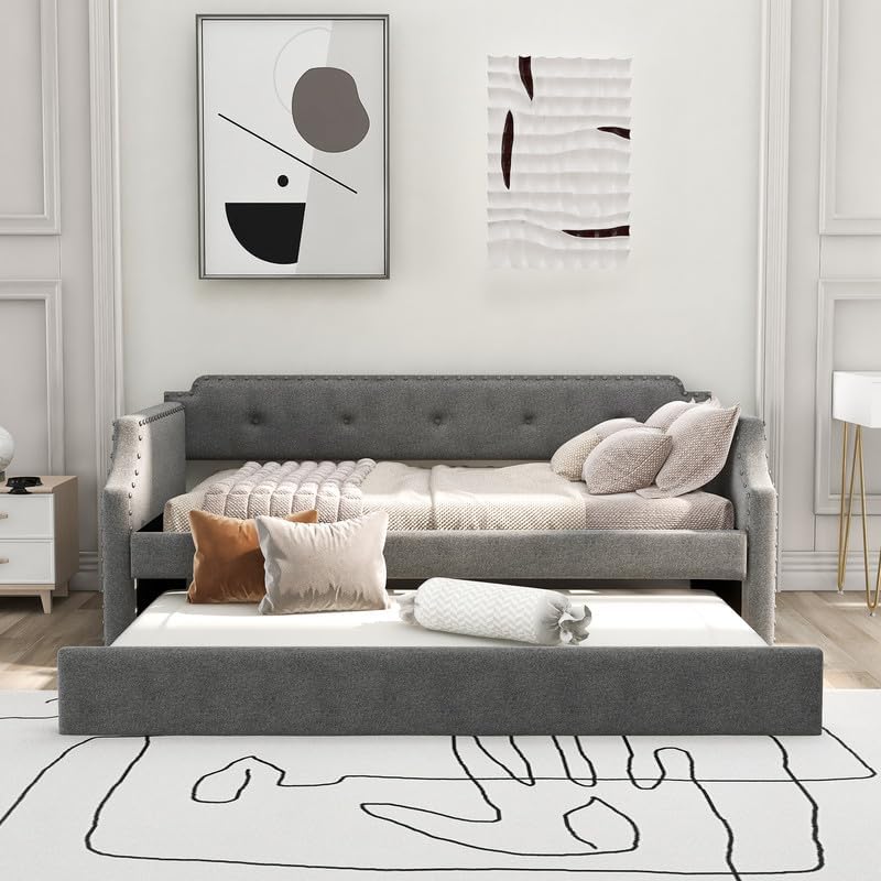 Twin Daybed with Trundle, Linen Upholstered Twin Size Sofa Bed Frame with Wood Slat Support, Twin Bed Frame with Button Tufted Backrest and Nailhead Trim, No Box Spring Needed, Easy Assembly, Grey