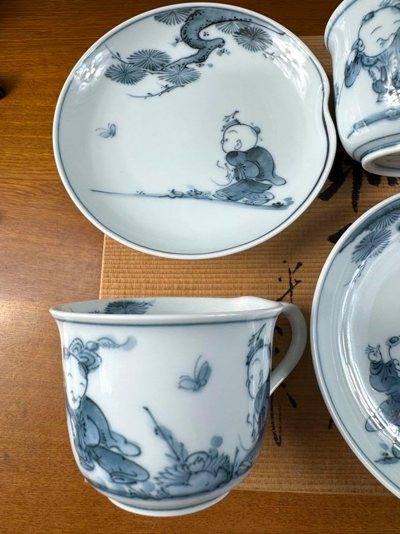 人間国宝　【13代今泉今右衛門】錦　紐(ひも)の絵　蓋付茶碗　5つ揃い 人間国宝 13代今泉今右衛門錦 紐(ひも)の絵 蓋付茶碗