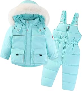 Conjunto de traje de nieve, abrigo, babero de plumón para niños + chaqueta con capucha, 2 pantalones de bebé, ropa para niña y conjunto de chaqueta corta de invierno para mujer, color negro