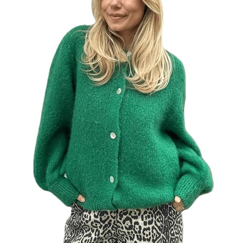 Women Y2k Cardigan Sweater Crew Neck Button Up Knit Cardigan Cropped Lightweight Sweater Fall Streetwear(B Emerald Green,s)
