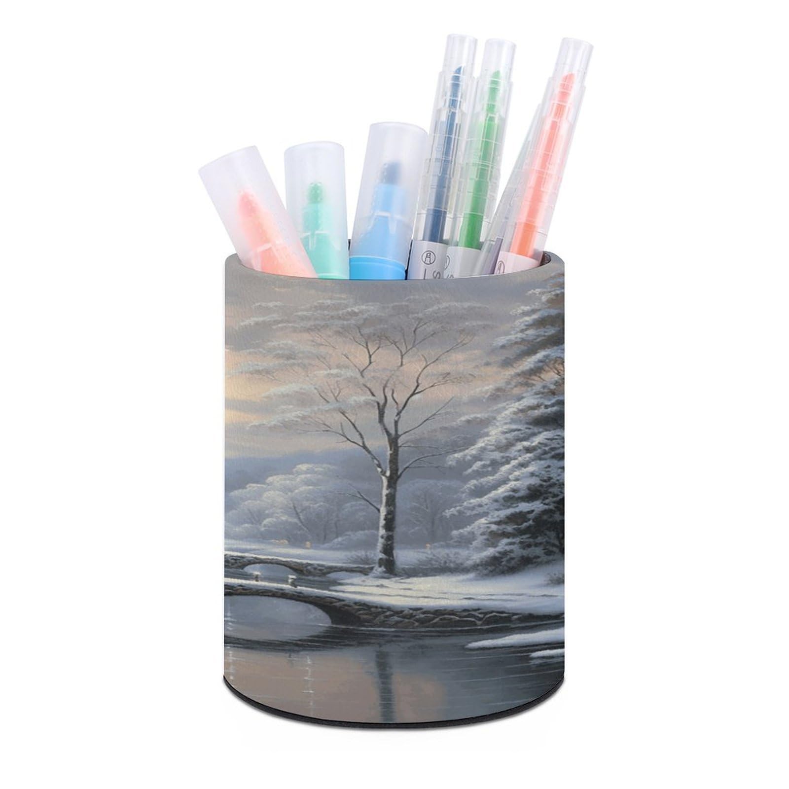 VstaDank Winter Snow Scene Pen Holder PU Leather Pencil Cup Minimalist Desk Pencil Holder Round Make Up Brush Organizers For Office Dorm Room&Vanity Desk Accessories