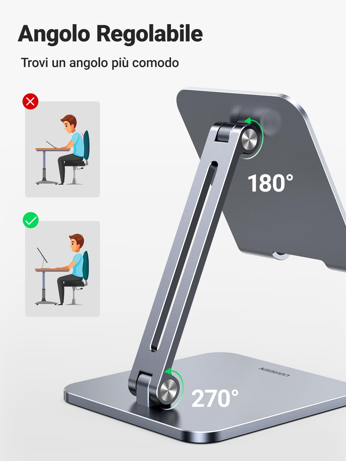 UGREEN Supporto Tablet Pieghevole da Tavolo Alluminio per iPad Galaxy Tab 12.9" Grigio