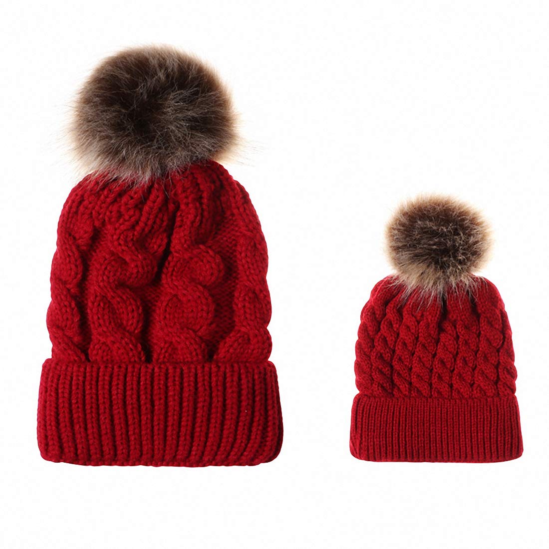 Ulalaza 2PCS Mother&Baby Hat Parent-Child Hat Family Matching Cap Winter Warmer Knit Wool Beanie Ski Cap