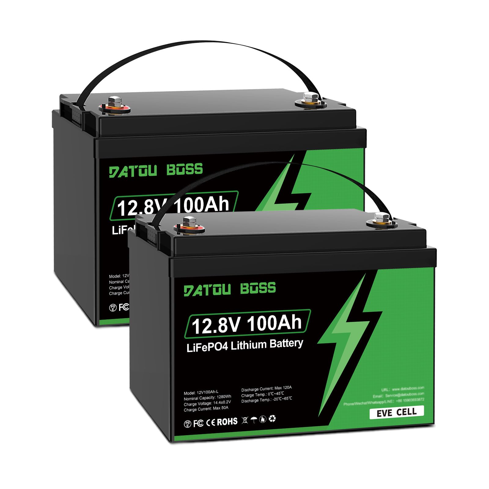 DATOUBOSS 12V 100Ah 1280Wh LiFePO4 Batteri, 100A BMS Djupladdning, Lämpligt för Husbil, Bilbatteri, Båt, Solenergisystem, Camping, Trollingmotor, Nödsström Hemma (12V 100Ah-2PCS)