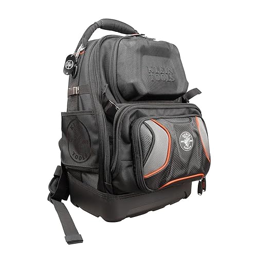Klein Tools 55485 mochila para herramientas, mochila duradera para electricista con 48 bolsillos para herramientas manuales, fondo impermeable, portaherramientas extraíble