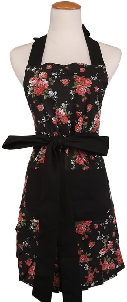 Cotton Fabric Women's Apron with 2 Pockets-Extra Long Ties, Home Baking or Kitchen Cooking, Graceful and Flirty, Black style-6-Leeotia
